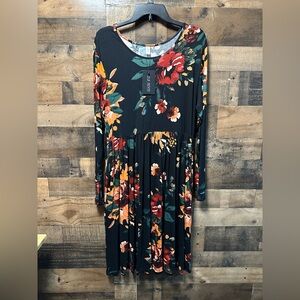 NEW DB Moon Womens Black Multicolor Floral Long Sleeve Knee Length Dress Size XL
